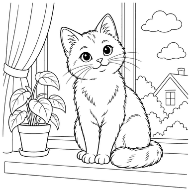 Desenho para colorir de gato na janela