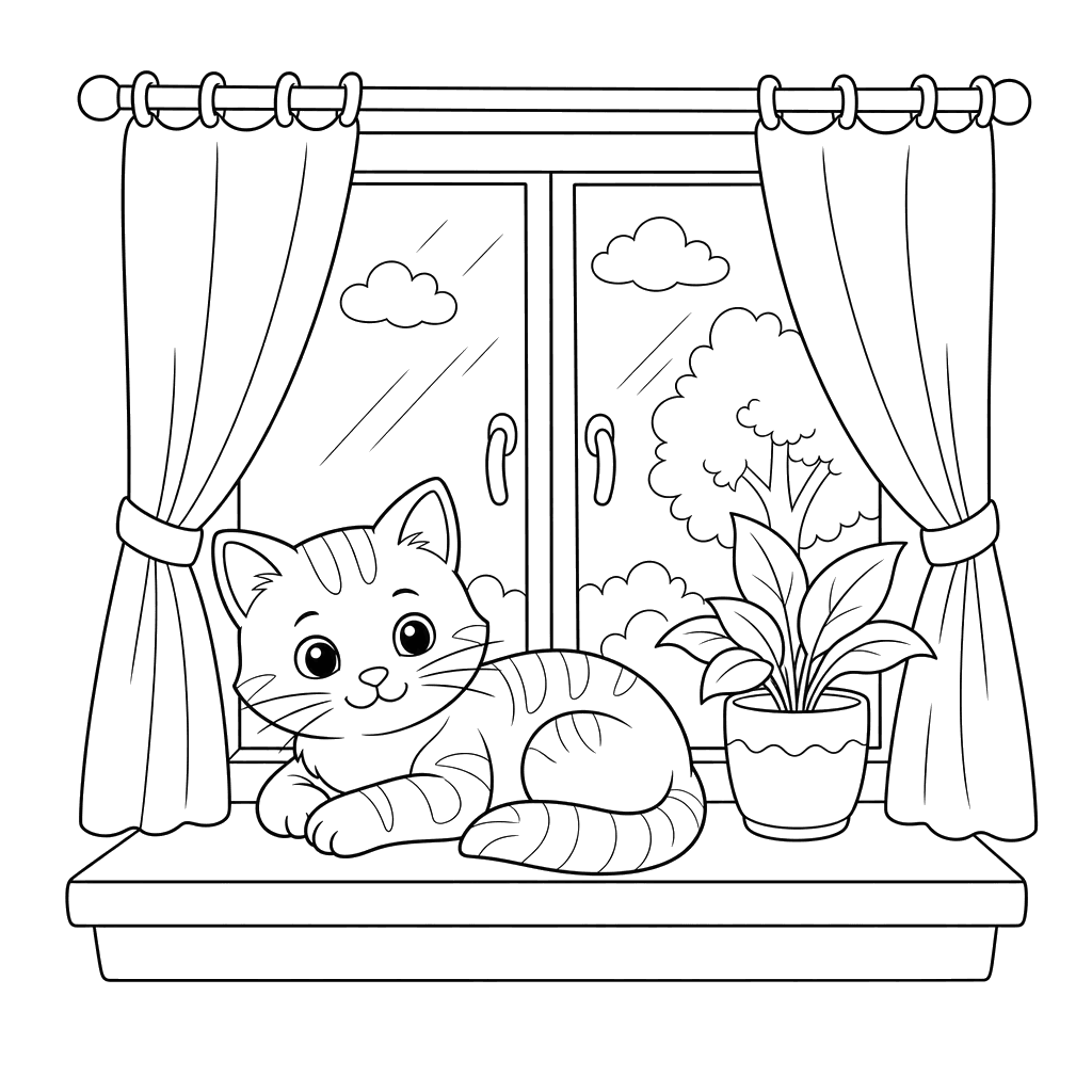 Desenho para colorir: gato no peitoril da janela