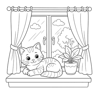 Ausmalbild: Katze auf dem Fensterbrett