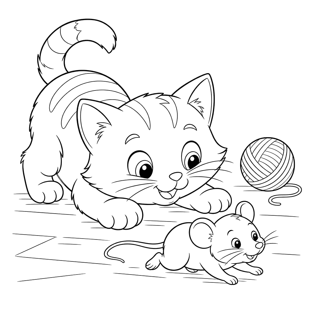 Desenho para colorir: um gato brinca com um rato