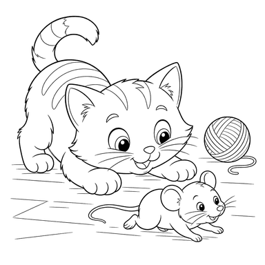 Dibujo para colorear: un gato juega con un ratón