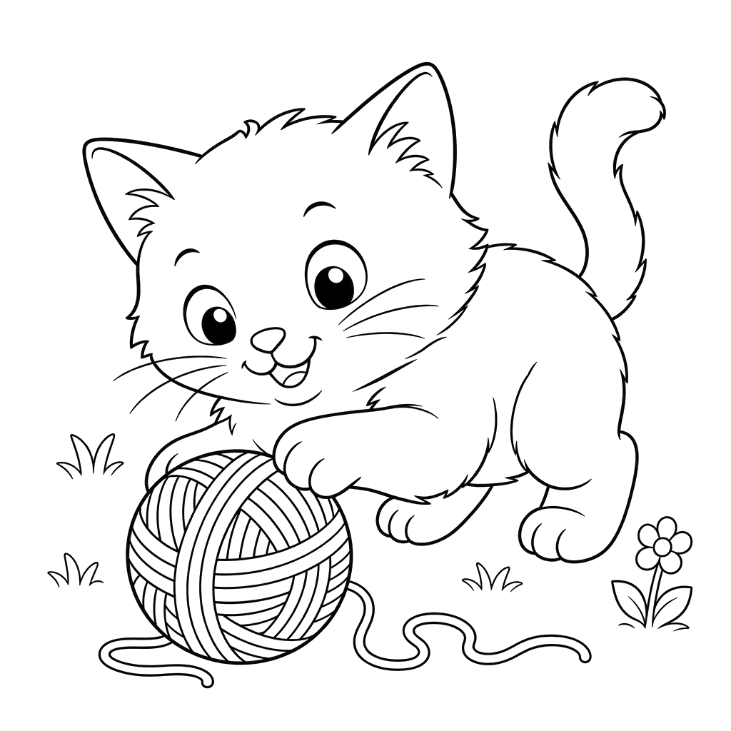 Cat Playing with a Yarn Ball — Coloring Page