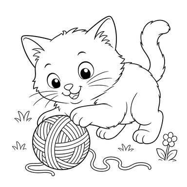 Gato jugando con un ovillo de hilo — dibujo para colorear