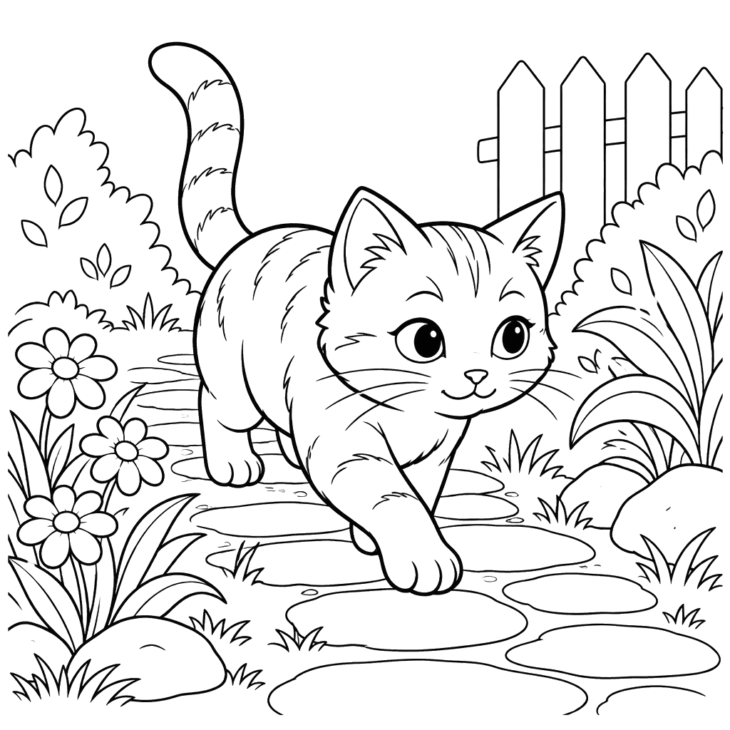 Gato andando pelo caminho do jardim