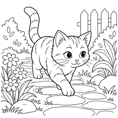 Gato andando pelo caminho do jardim