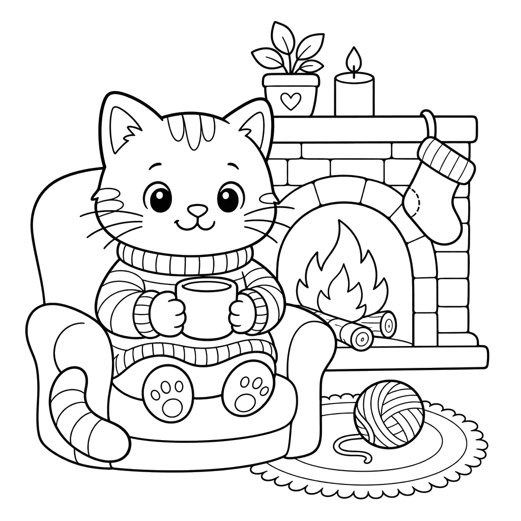 Kater im gestreiften Pullover am Kamin — Ausmalbild
