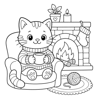 Gato com suéter listrado junto à lareira — Desenho para colorir