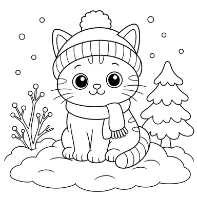 Chat en bonnet chaud sur un tas de neige