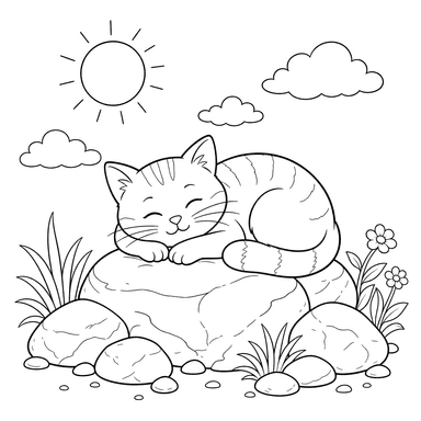 Desenho para colorir: um gato se aquecendo em pedras quentes