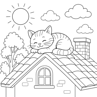 Um gato se aquecendo no telhado — desenho para colorir