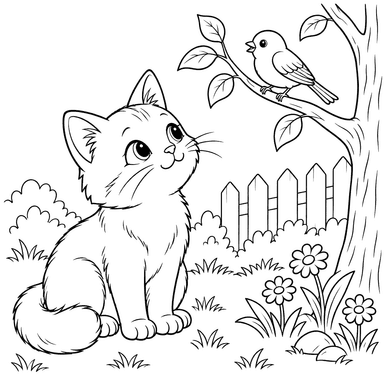 Ausmalbild: Katze beobachtet einen Vogel