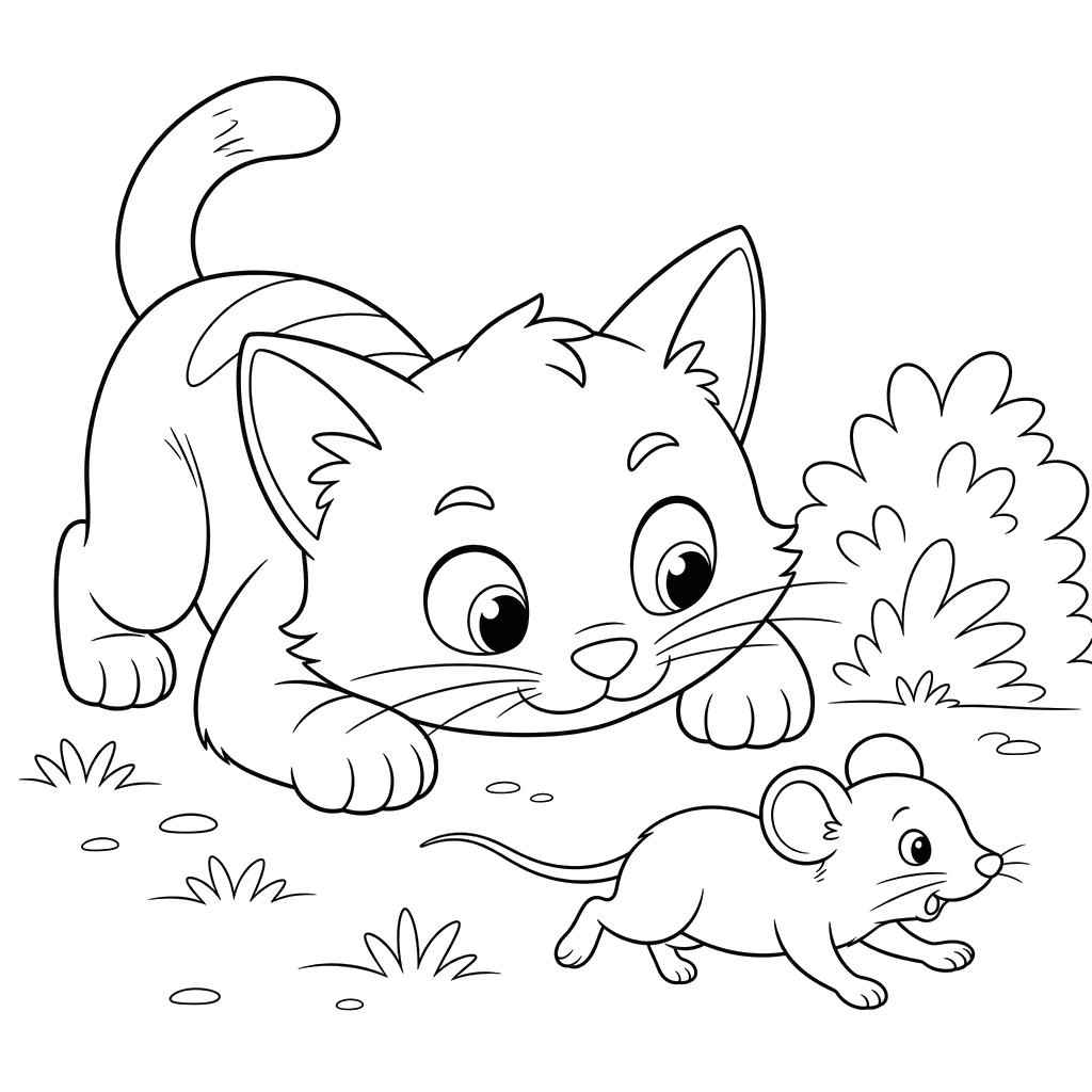 O gato observa o rato: desenho para colorir