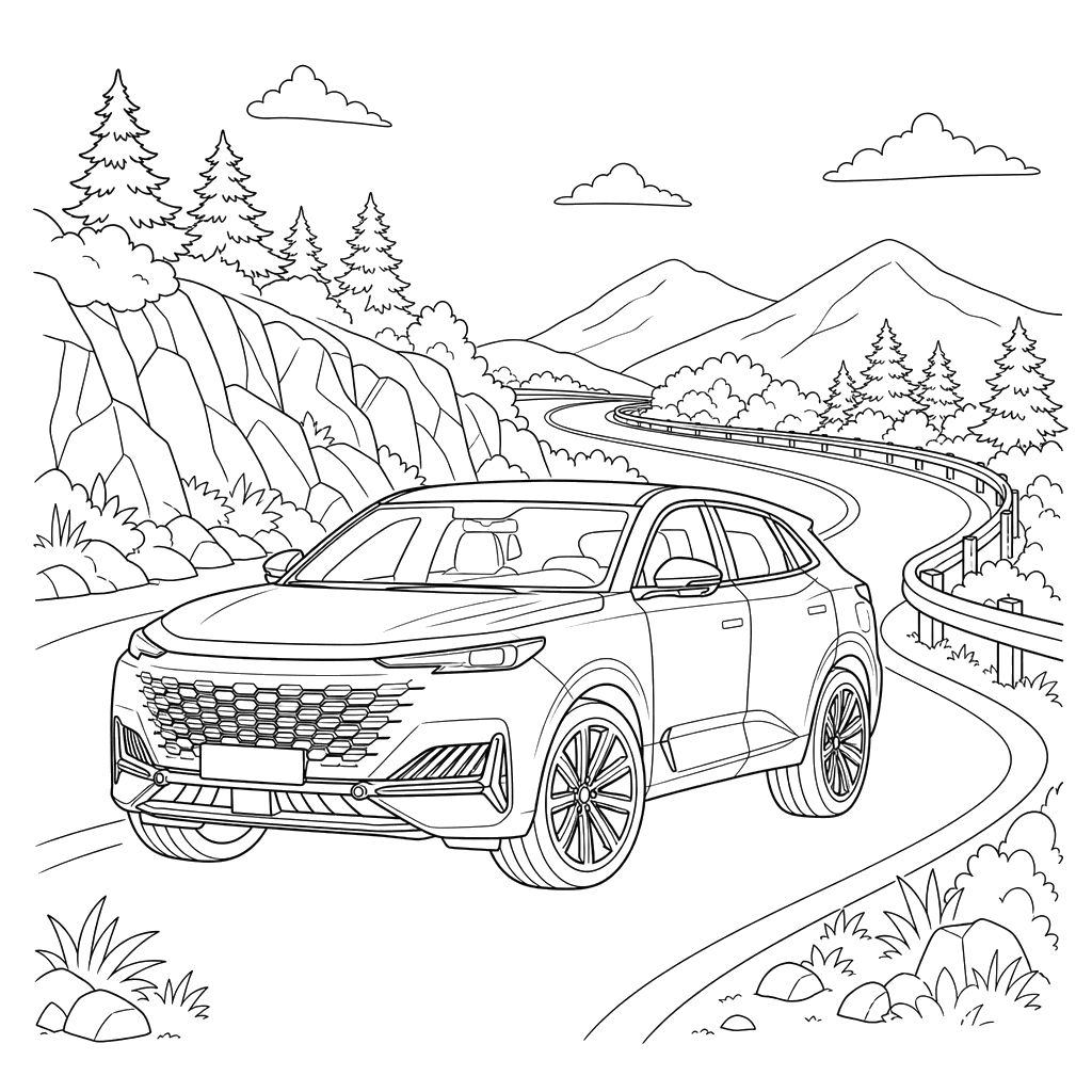 Desenho para colorir: Changan UNI‑K em uma estrada de montanha