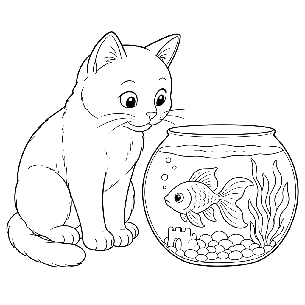 Kartäuser Katze und Goldfisch Ausmalbild