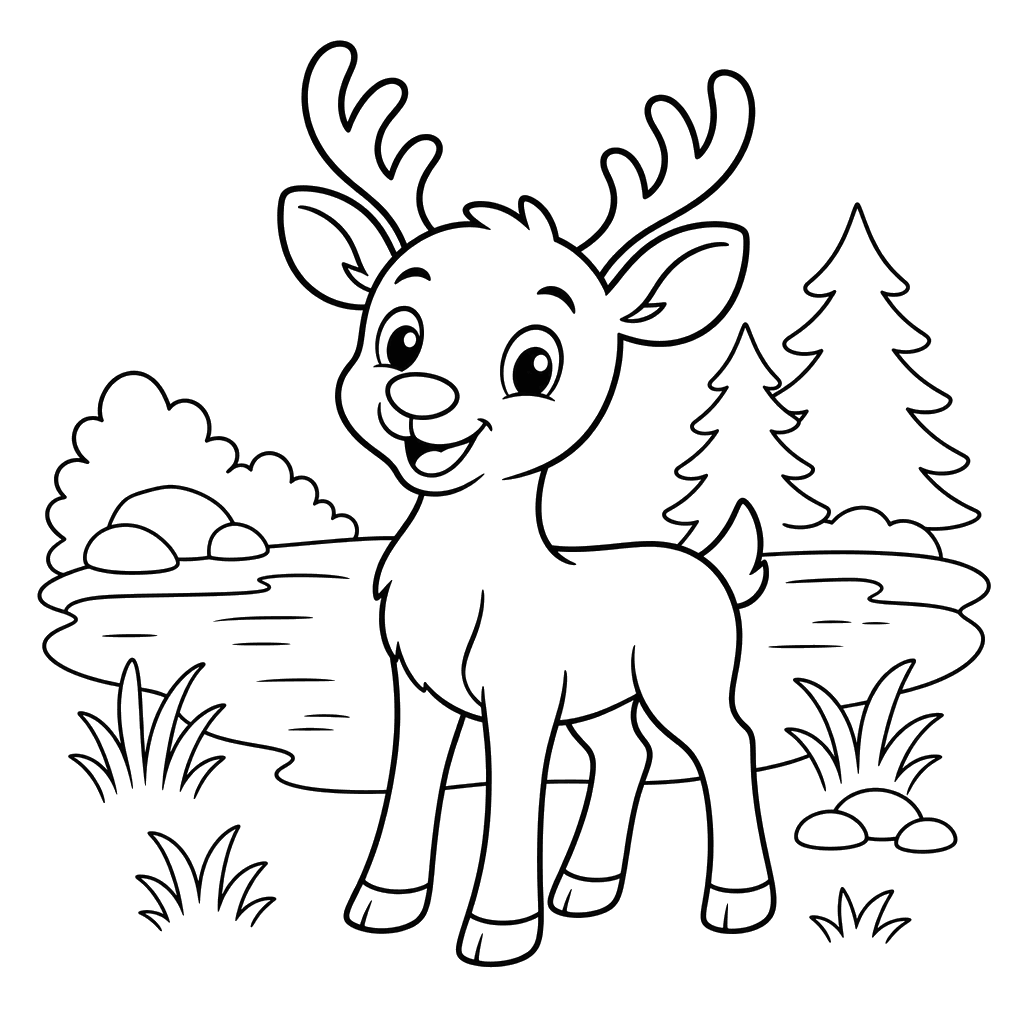 Cheerful deer by the lake — coloring page