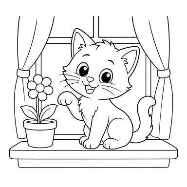 Gatinho alegre no parapeito — página para colorir