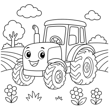 Tractor divertido en el campo — dibujo para colorear