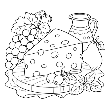 Natureza morta com fatia de queijo – desenho para colorir