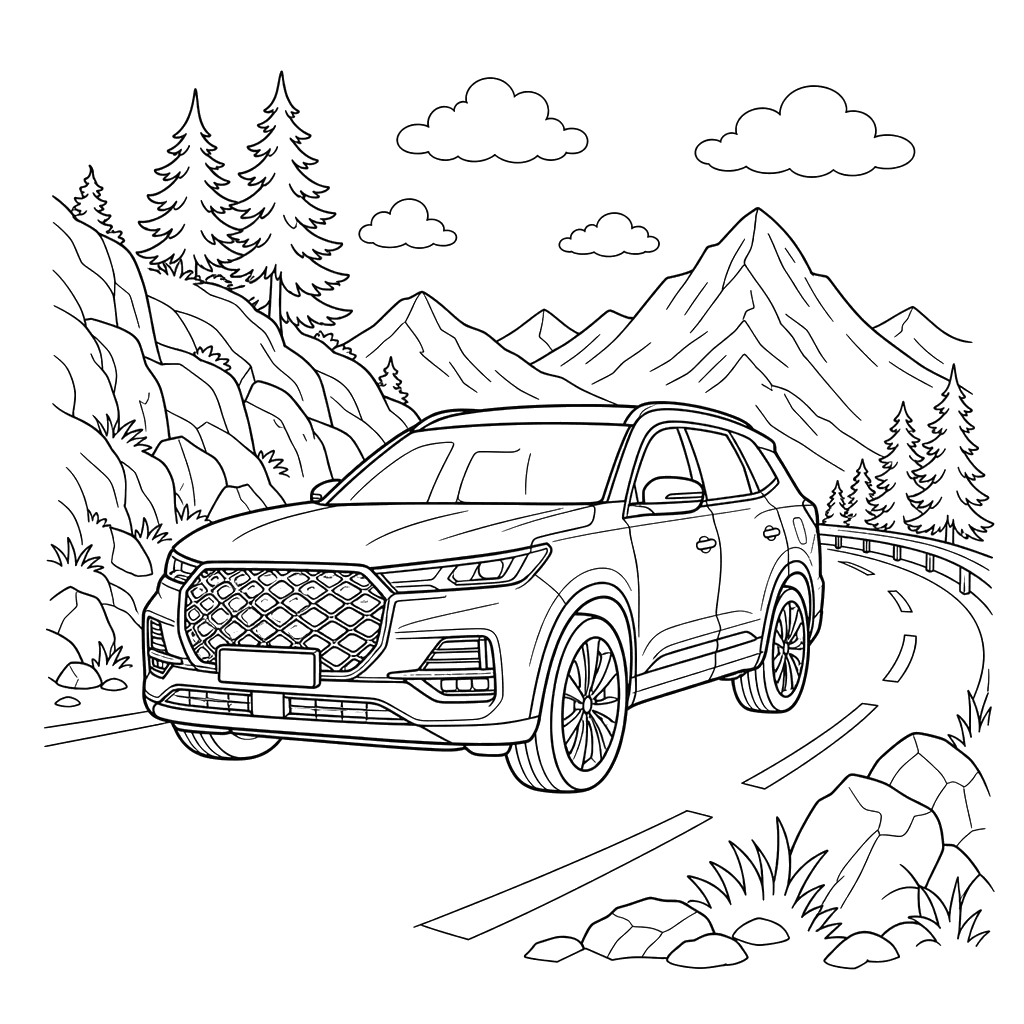 Desenho para colorir: Chery Tiggo em uma estrada na montanha