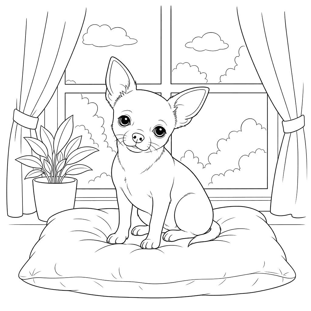 Chihuahua auf einem Kissen am Fenster