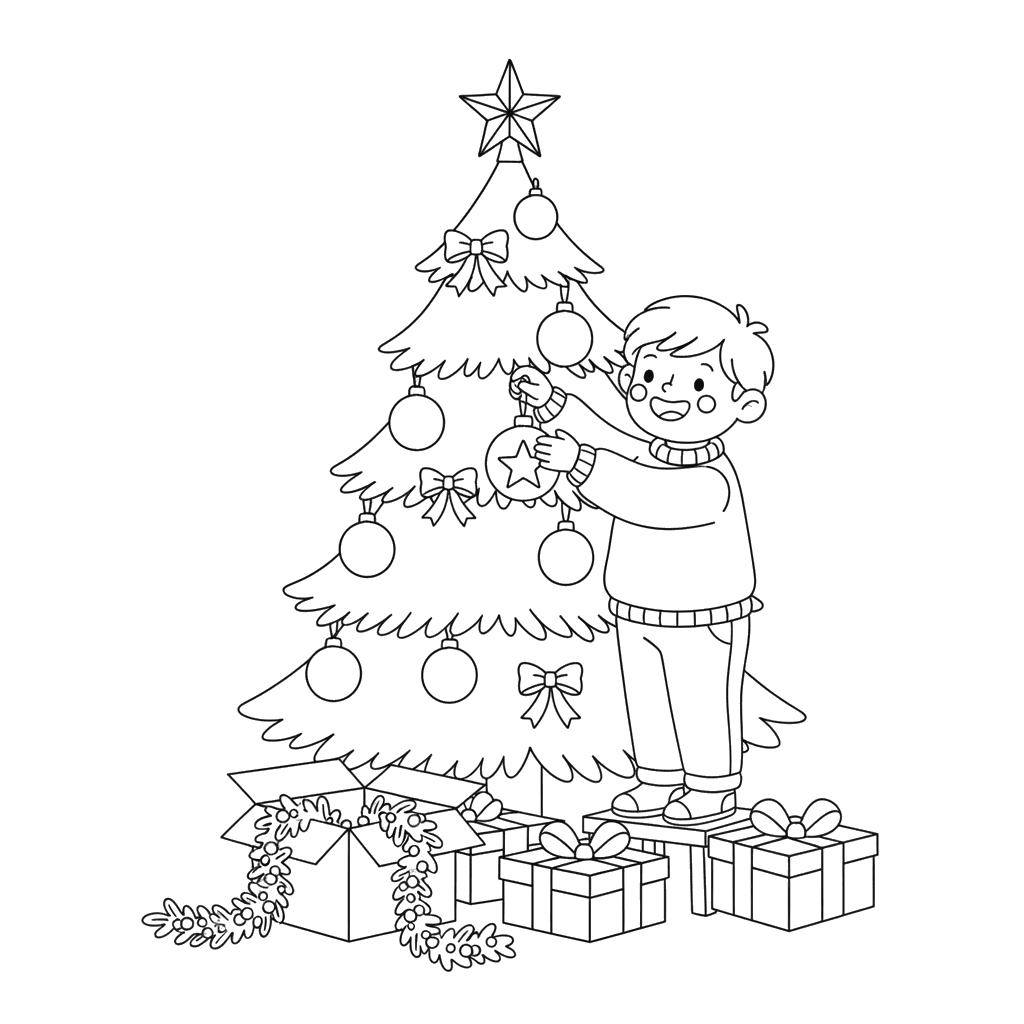 Kind schmückt Weihnachtsbaum Ausmalbild
