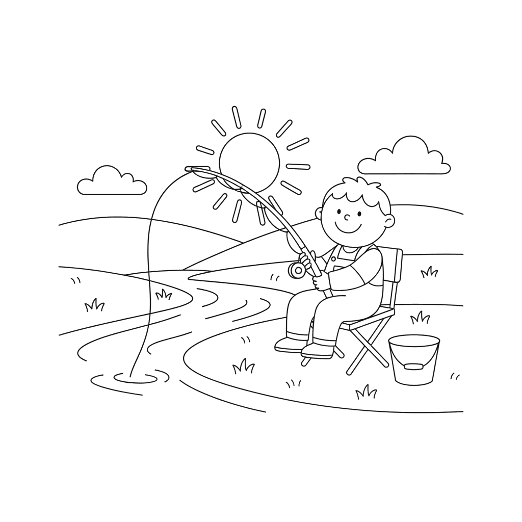 Criança pescando na beira do rio para colorir