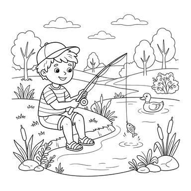 Ausmalbild: Kind angelt am Teich