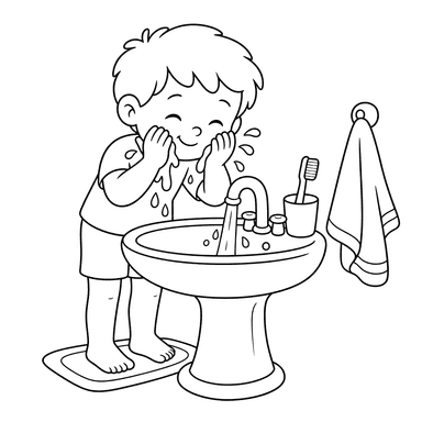 Enfant se lave le visage au lavabo