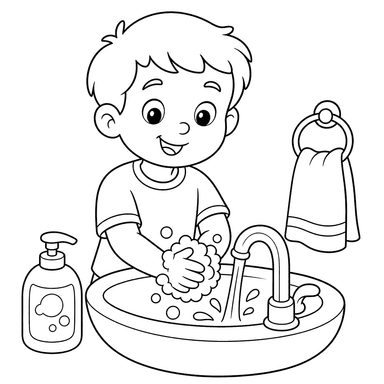 Criança lavando as mãos — desenho para colorir