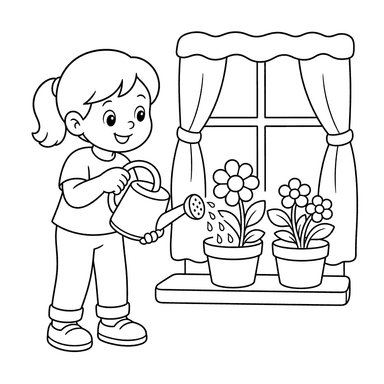 Enfant arrosant des fleurs en pot sur un rebord ensoleillé