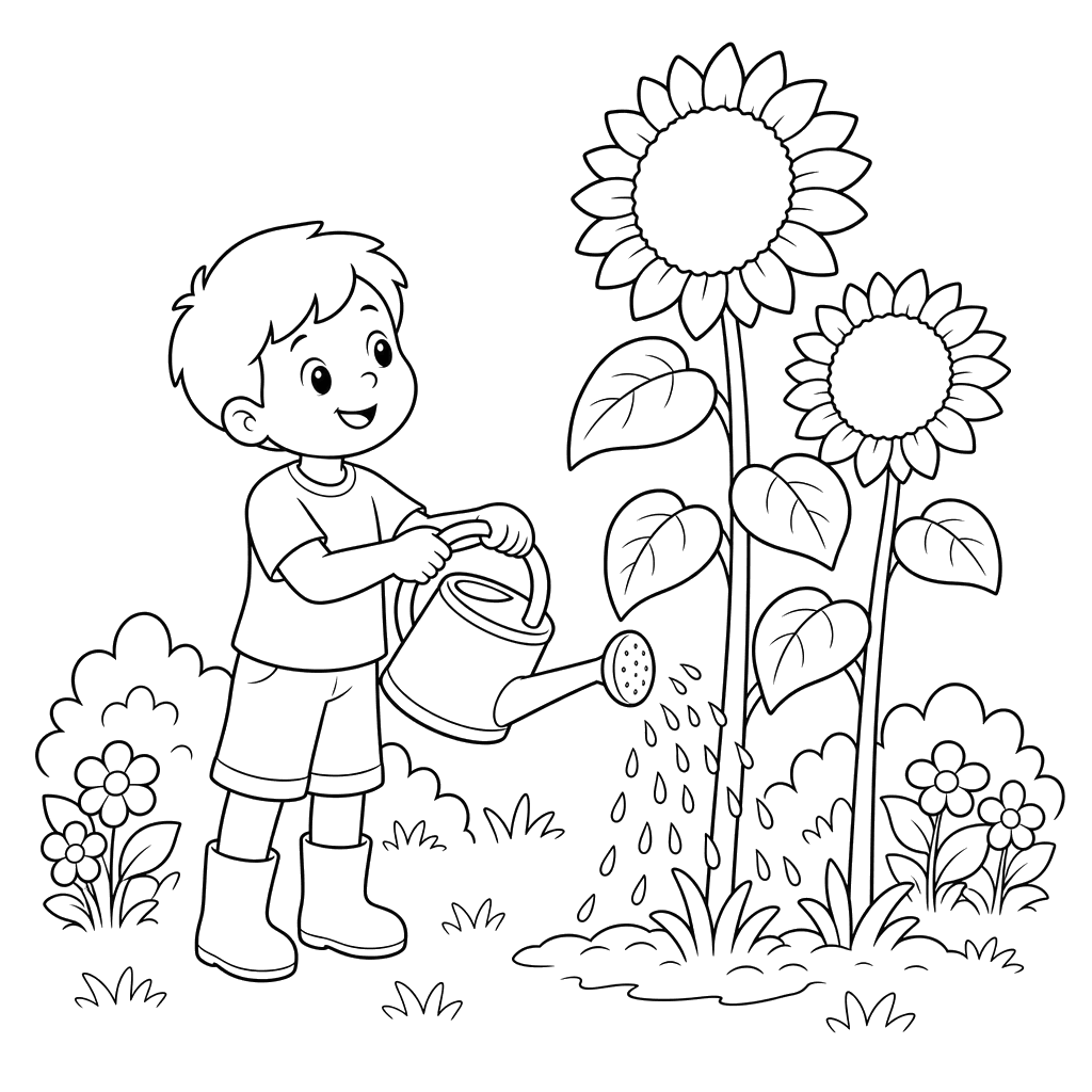 Criança regando girassóis para colorir