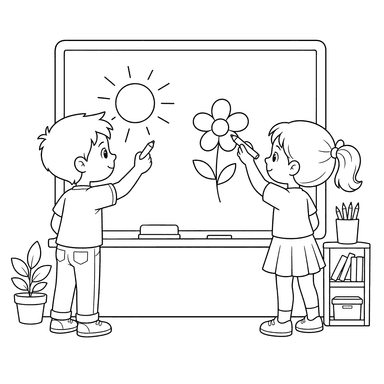 Ausmalbild: Kinder zeichnen an der Tafel