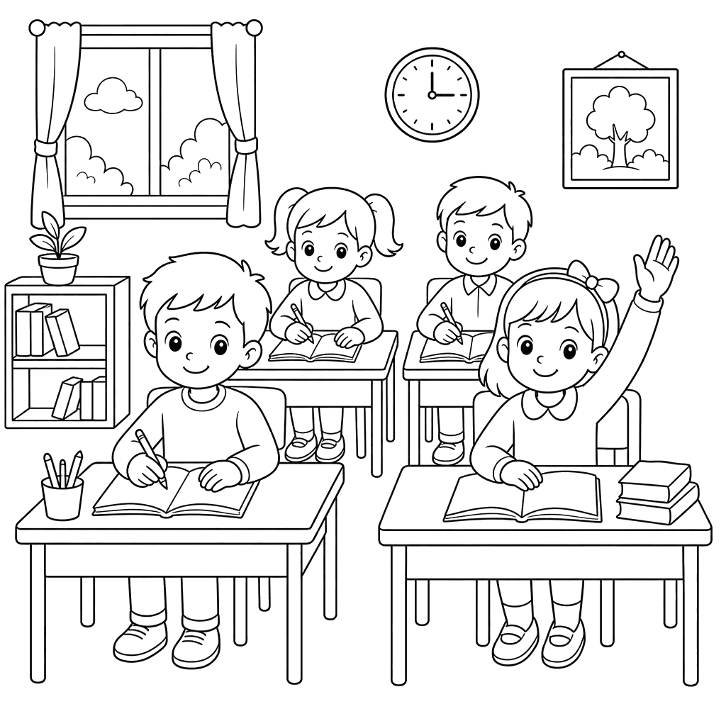 Desenho para colorir: crianças na sala de aula