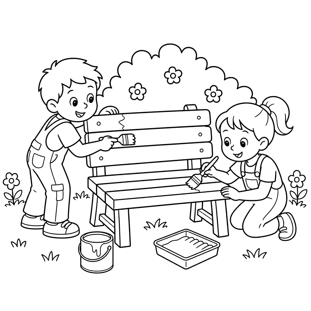 Enfants peignant un banc dans la cour