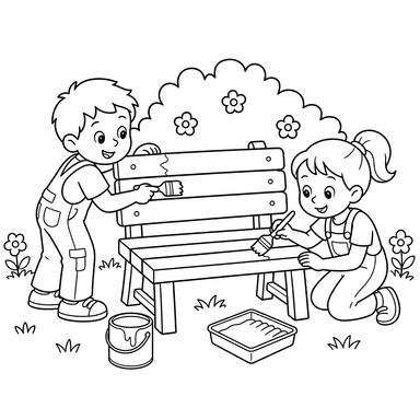 Enfants peignant un banc dans la cour