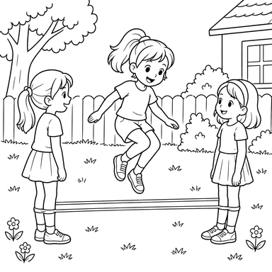 Kinder spielen Gummitwist im Hof