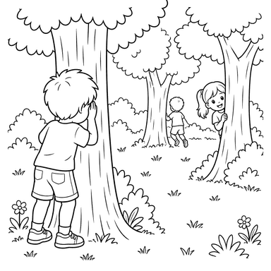 Kinder spielen Verstecken zwischen Bäumen