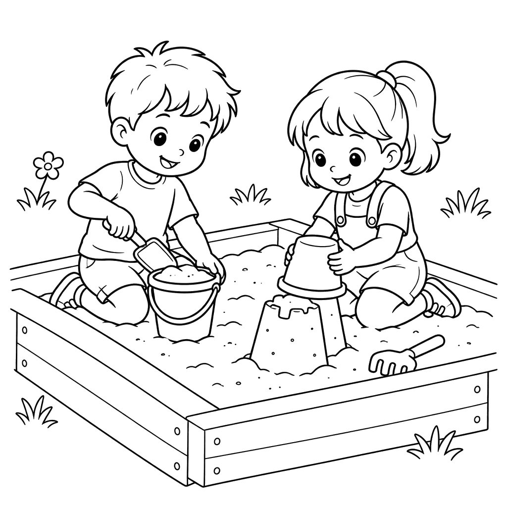 Crianças brincando na caixa de areia para colorir