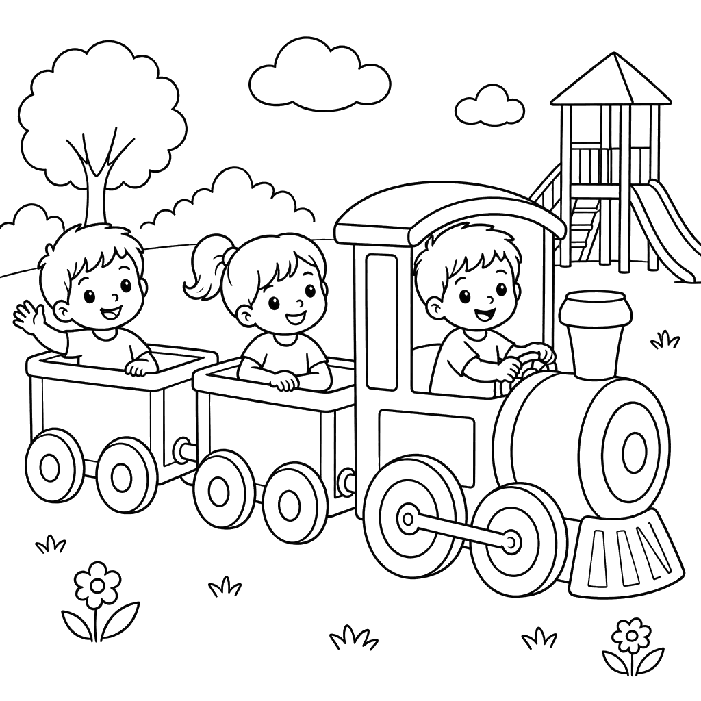 Crianças brincando de trenzinho no parque