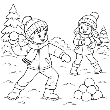 Children Playing with Snowballs in Winter