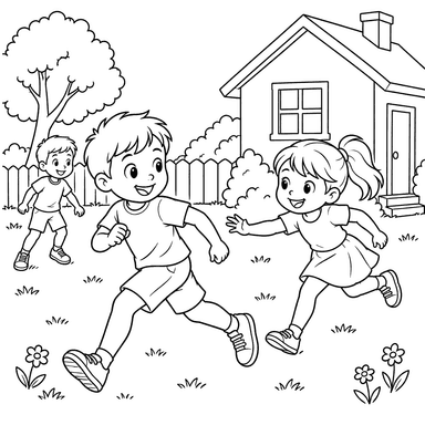Children Playing Tag by the House