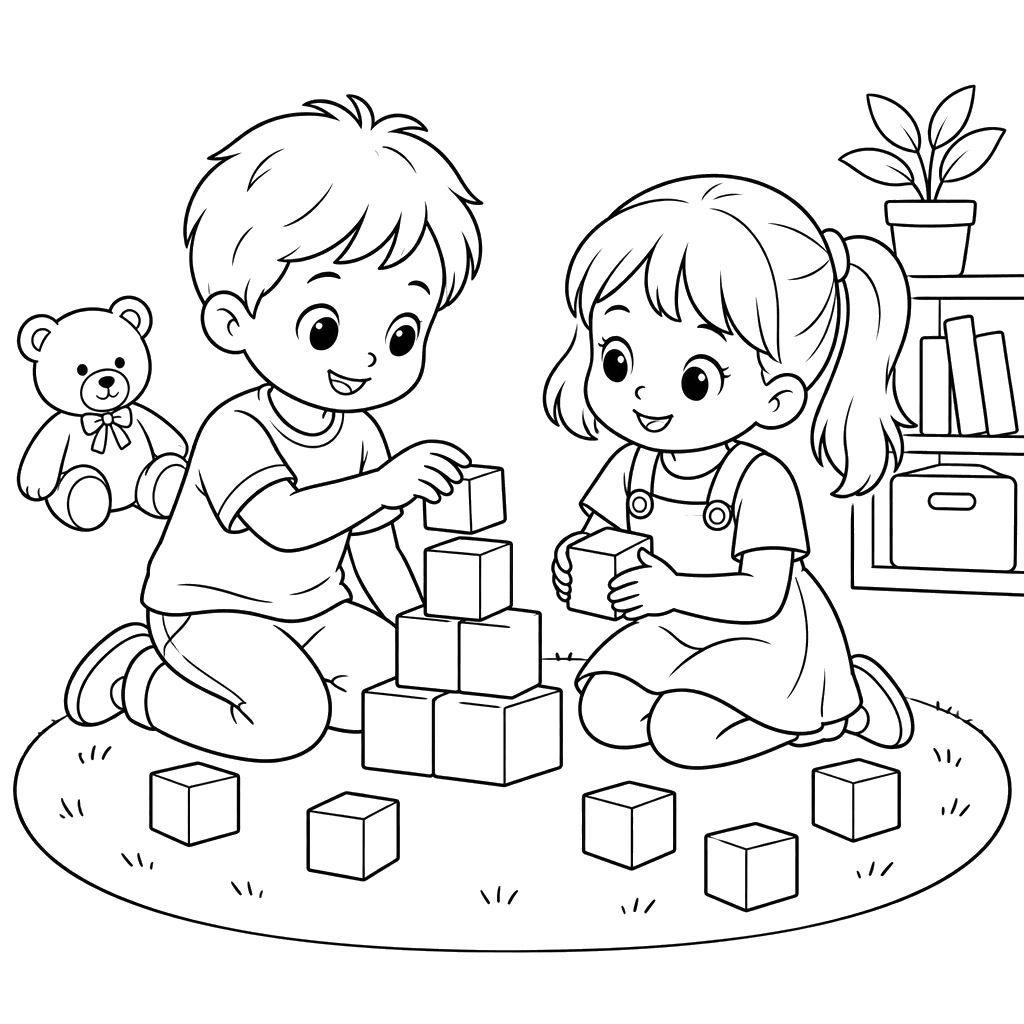 Crianças brincando com blocos no tapete