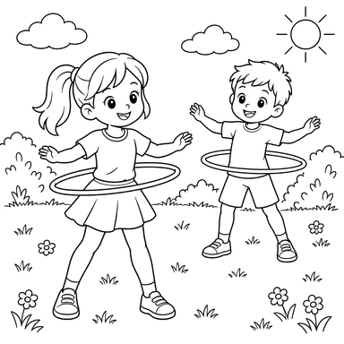 Kinder spielen mit Reifen – Ausmalbild