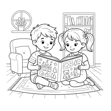 Kinder lesen Buch Ausmalbild