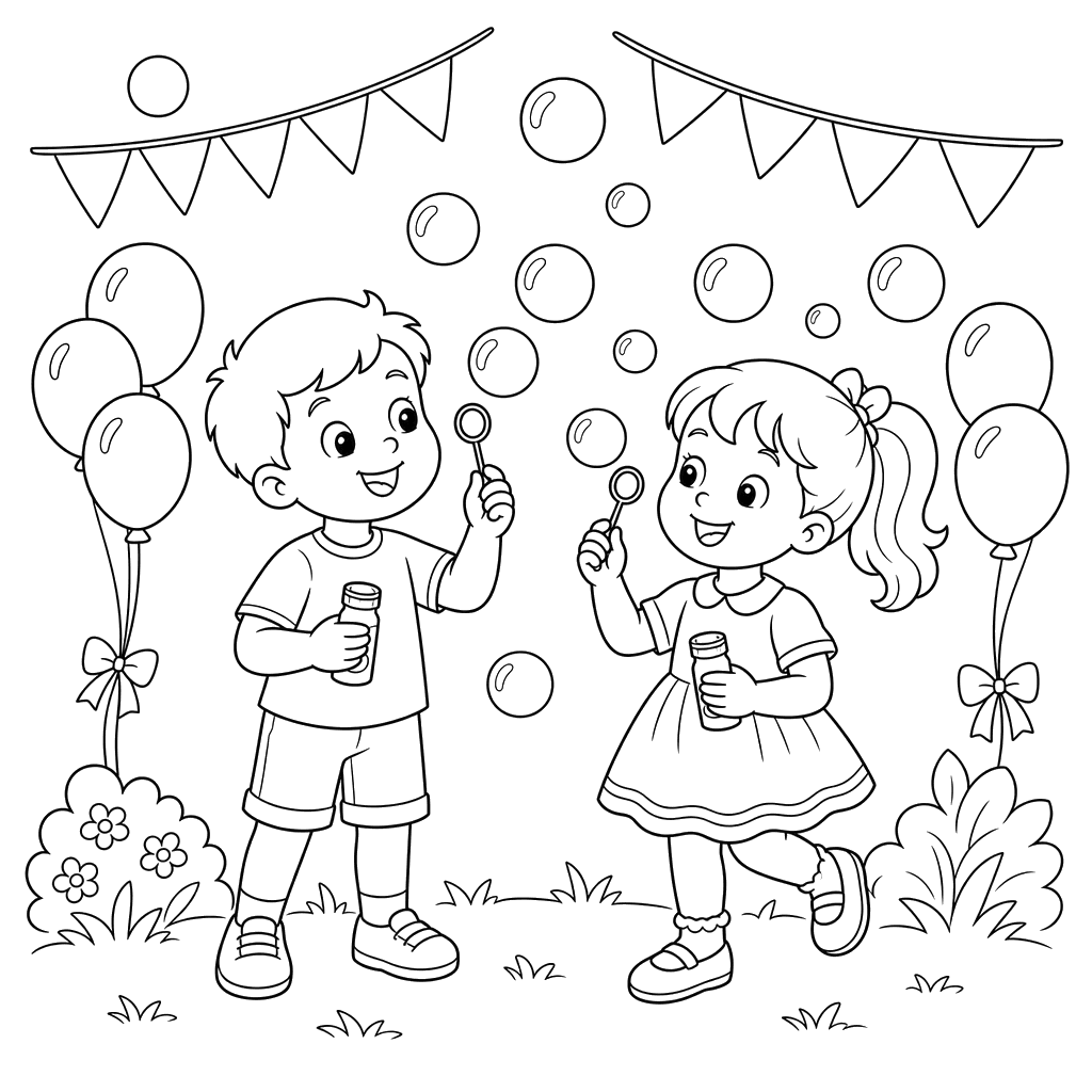 Children Blowing Soap Bubbles Coloring Page