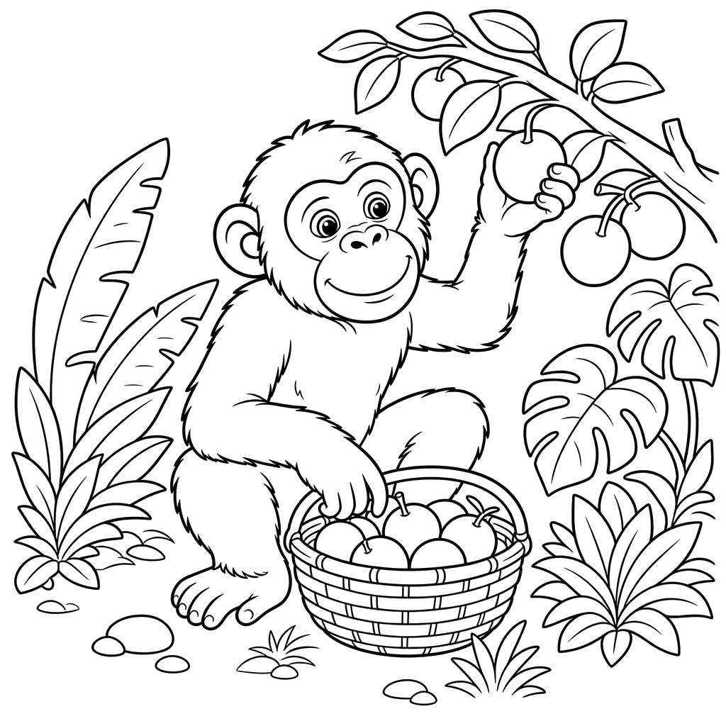 Dibujo para colorear: chimpancé recoge frutas