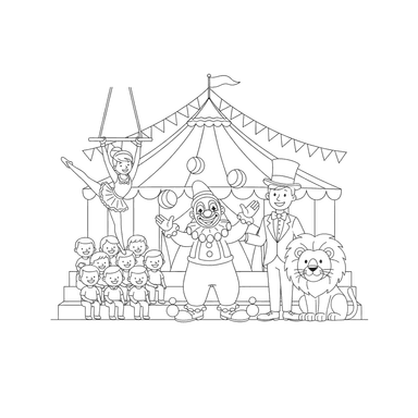 Coloriage Spectacle de Cirque: Clown, Acrobate et Lion