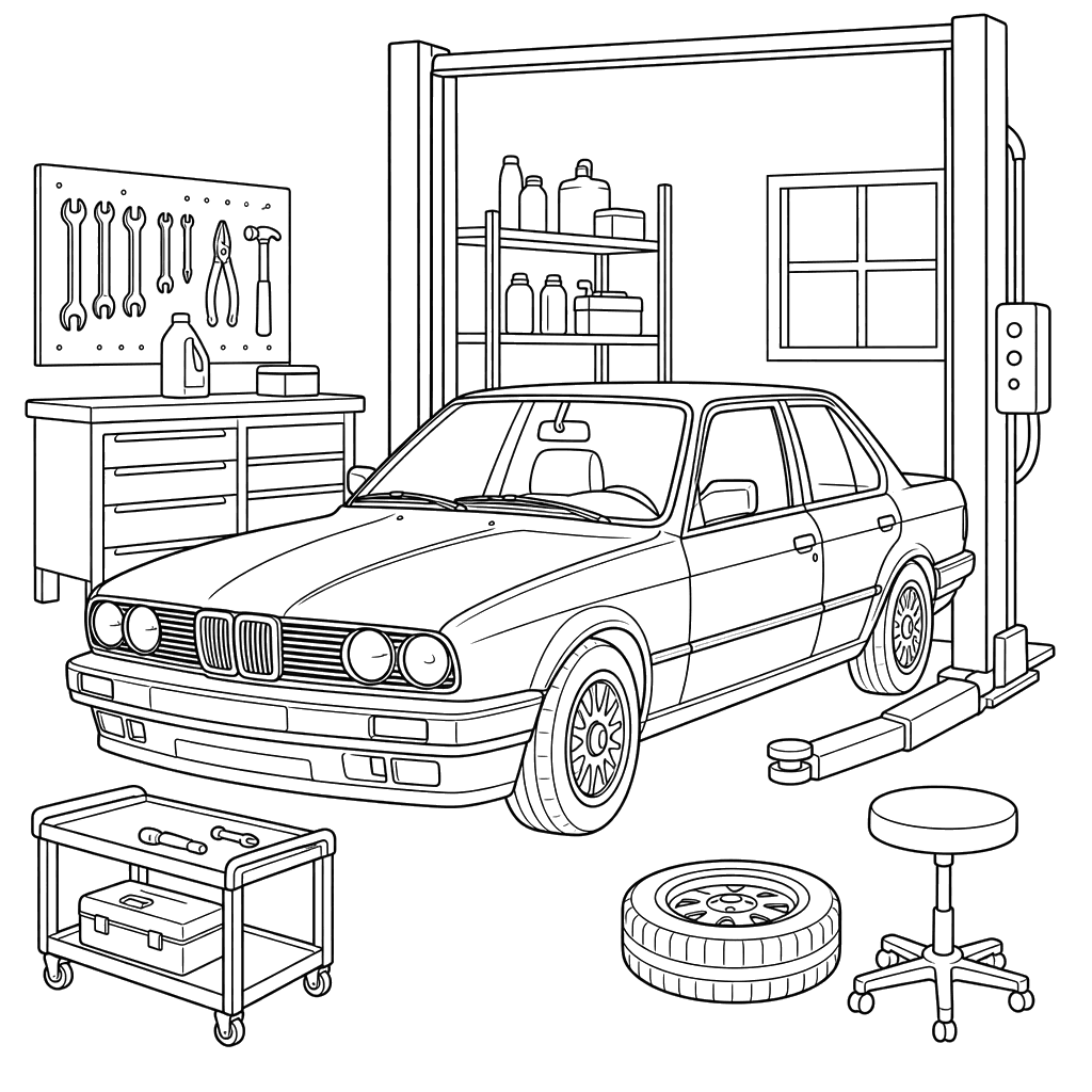 Ausmalbild Oldtimer in der Werkstatt