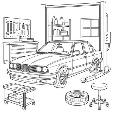 Dibujo para colorear de Coche Clásico en el Taller