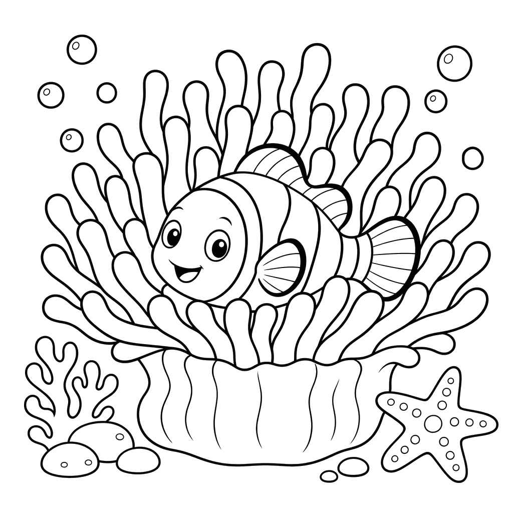 Poisson-clown dans une actinie — coloriage